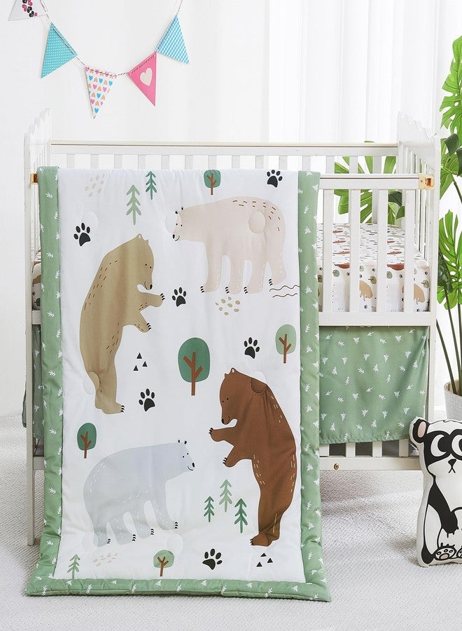 lasoftan 3 Piece Baby Crib Bedding Set, Infant Nursery Bed Set Decor with Quilt + Fitted Crib Sheet + Skirt, Baby Bedding Set Breathable and Soft for Baby Boy and Girl - Forest Bear - Image 1